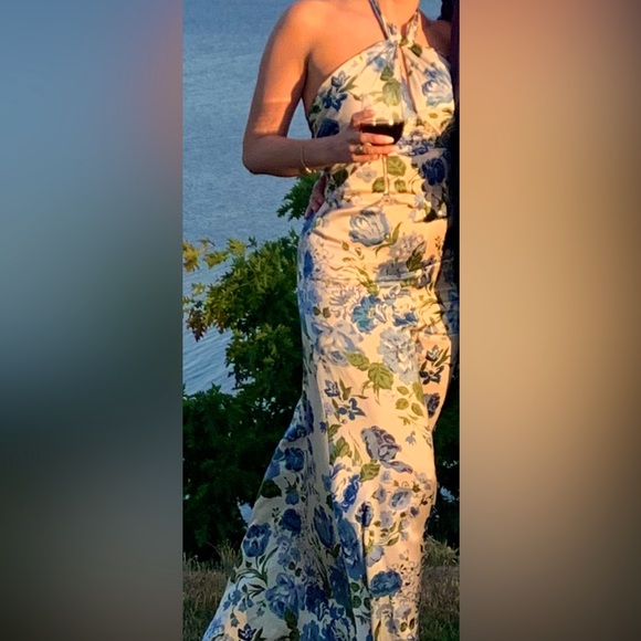 REFORMATION Veria Silk Floral Maxi Halter Tie Gown Size 0 Lucca Blue White Flora - Picture 6 of 6